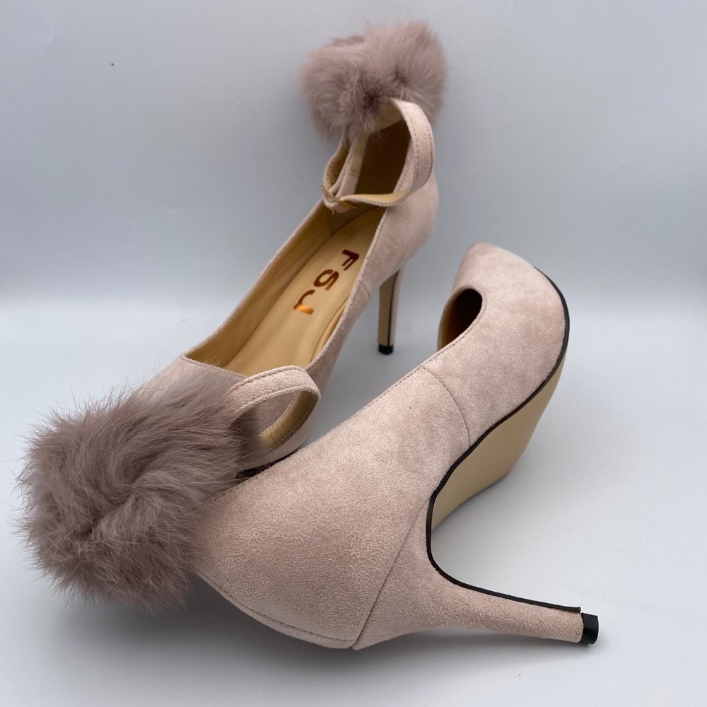 FSJ Ankle Strap Heels Suede Pumps Fluffy Ball - Picture 5 of 8
